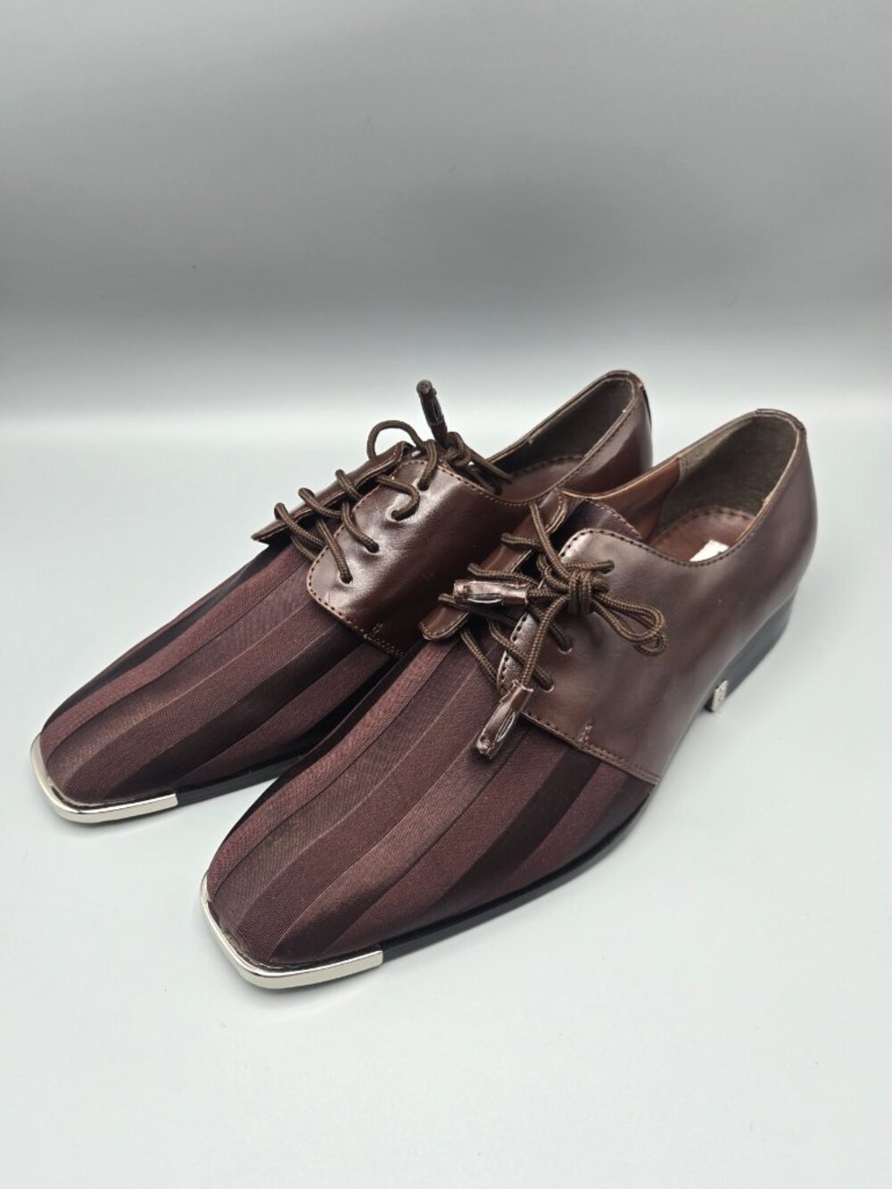 Hugo Vitelli Men's Brown Striped Dress Shoes Size 11 Square Toe Metal Tip Oxford - Picture 14 of 15